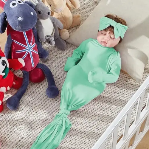 COOZYNANA 2Pack Newborn Baby Knotted Gown, Super Soft Modal Infant Long Sleeve Sleeper with Hat and Headband Set - 6