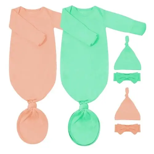 COOZYNANA 2Pack Newborn Baby Knotted Gown, Super Soft Modal Infant Long Sleeve Sleeper with Hat and Headband Set - MODAZONE
