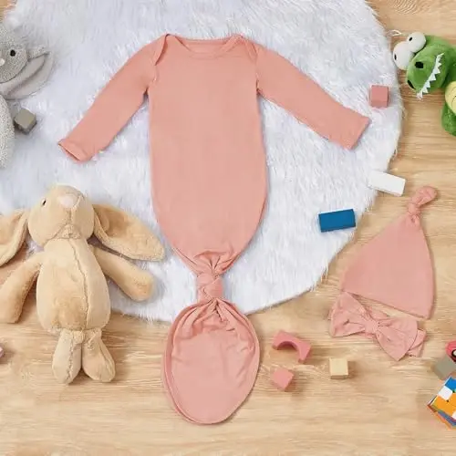 COOZYNANA 2Pack Newborn Baby Knotted Gown, Super Soft Modal Infant Long Sleeve Sleeper with Hat and Headband Set - 5