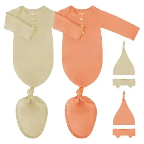 COOZYNANA 2Pack Newborn Baby Knotted Gown, Super Soft Modal Infant Long Sleeve Sleeper with Hat and Headband Set 