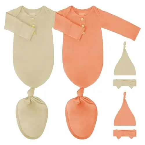 COOZYNANA 2Pack Newborn Baby Knotted Gown, Super Soft Modal Infant Long Sleeve Sleeper with Hat and Headband Set 