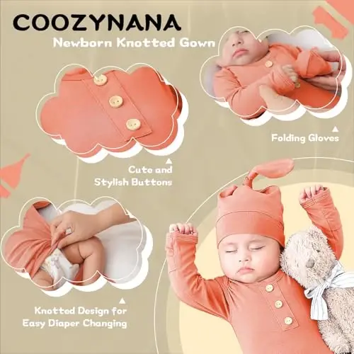COOZYNANA 2Pack Newborn Baby Knotted Gown, Super Soft Modal Infant Long Sleeve Sleeper with Hat and Headband Set - 3
