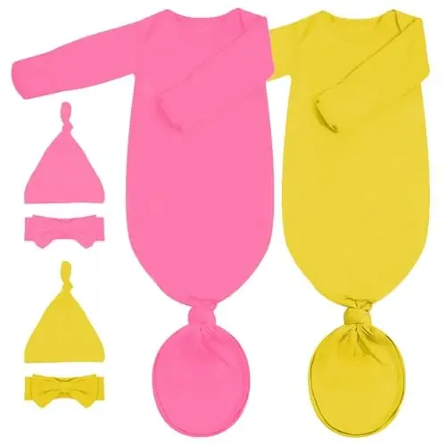 COOZYNANA 2Pack Newborn Baby Knotted Gown, Super Soft Modal Infant Long Sleeve Sleeper with Hat and Headband Set 