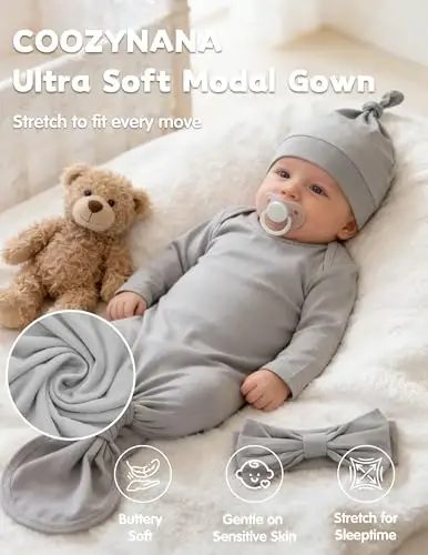 COOZYNANA 2Pack Knotted Gown Baby Newborn, Ultra-Soft Modal Sleeper for 0-3 Month Boys & Girls - 4