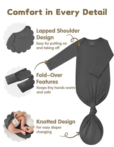 COOZYNANA 2Pack Newborn Baby Knotted Gown, Super Soft Modal Infant Long Sleeve Sleeper with Hat and Headband Set - 3