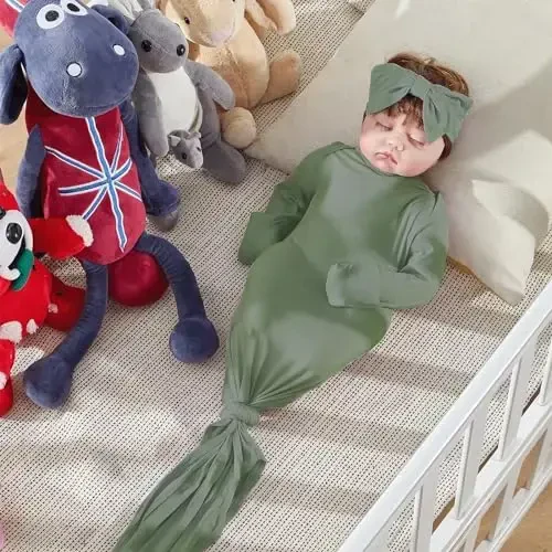 COOZYNANA 2Pack Newborn Baby Knotted Gown, Super Soft Modal Infant Long Sleeve Sleeper with Hat and Headband Set - 6