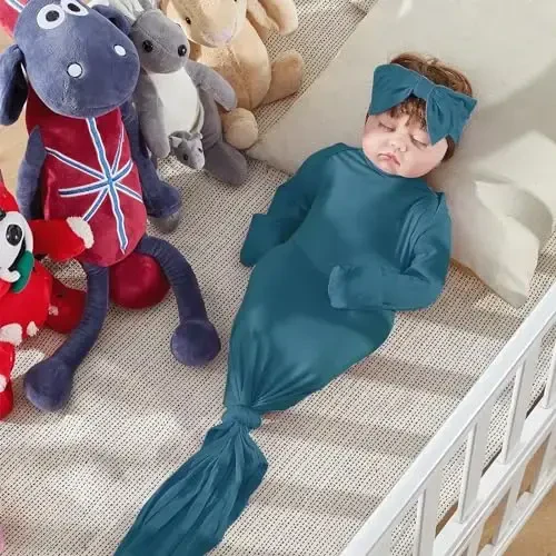 COOZYNANA 2Pack Newborn Baby Knotted Gown, Super Soft Modal Infant Long Sleeve Sleeper with Hat and Headband Set - 6