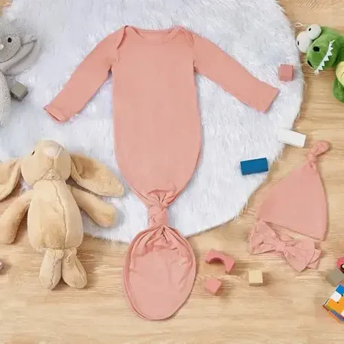 COOZYNANA 2Pack Newborn Baby Knotted Gown, Super Soft Modal Infant Long Sleeve Sleeper with Hat and Headband Set - 5