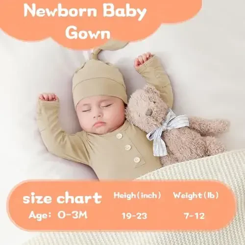 COOZYNANA 2Pack Newborn Baby Knotted Gown, Super Soft Modal Infant Long Sleeve Sleeper with Hat and Headband Set - 2
