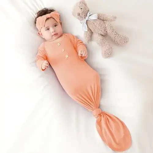 COOZYNANA 2Pack Newborn Baby Knotted Gown, Super Soft Modal Infant Long Sleeve Sleeper with Hat and Headband Set - 6