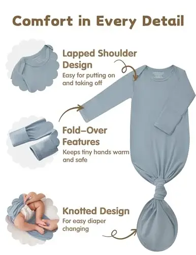 COOZYNANA 2Pack Newborn Baby Knotted Gown, Super Soft Modal Infant Long Sleeve Sleeper with Hat and Headband Set - 3