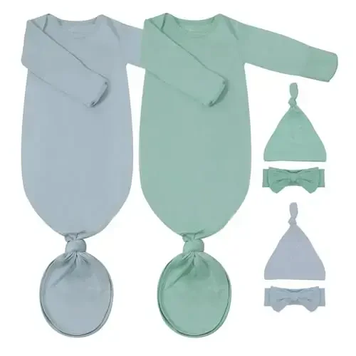 COOZYNANA 2Pack Newborn Baby Knotted Gown, Super Soft Modal Infant Long Sleeve Sleeper with Hat and Headband Set - 1