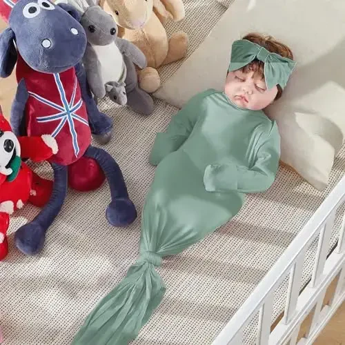 COOZYNANA 2Pack Newborn Baby Knotted Gown, Super Soft Modal Infant Long Sleeve Sleeper with Hat and Headband Set - 5