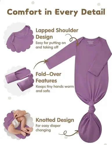 COOZYNANA 2Pack Newborn Baby Knotted Gown, Super Soft Modal Infant Long Sleeve Sleeper with Hat and Headband Set - 3