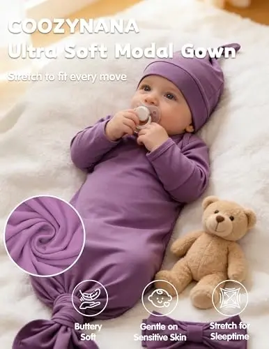 COOZYNANA 2Pack Newborn Baby Knotted Gown, Super Soft Modal Infant Long Sleeve Sleeper with Hat and Headband Set - 4