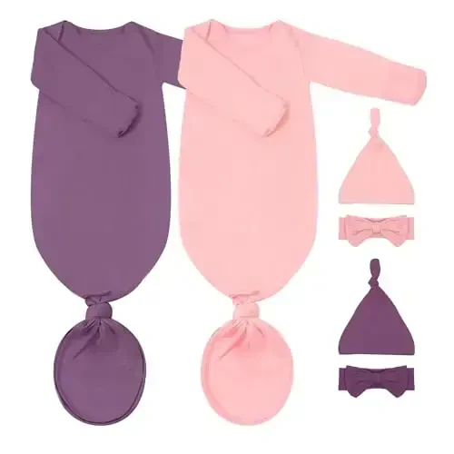 COOZYNANA 2Pack Newborn Baby Knotted Gown, Super Soft Modal Infant Long Sleeve Sleeper with Hat and Headband Set - 1
