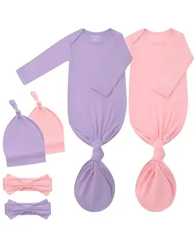 COOZYNANA 2Pack Newborn Baby Knotted Gown, Super Soft Modal Infant Long Sleeve Sleeper with Hat and Headband Set - 1
