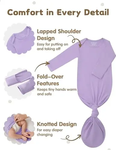 COOZYNANA 2Pack Newborn Baby Knotted Gown, Super Soft Modal Infant Long Sleeve Sleeper with Hat and Headband Set - 3