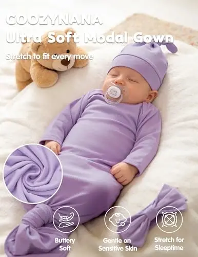 COOZYNANA 2Pack Newborn Baby Knotted Gown, Super Soft Modal Infant Long Sleeve Sleeper with Hat and Headband Set - 4