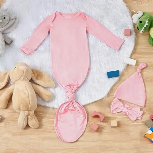 COOZYNANA 2Pack Newborn Baby Knotted Gown, Super Soft Modal Infant Long Sleeve Sleeper with Hat and Headband Set 