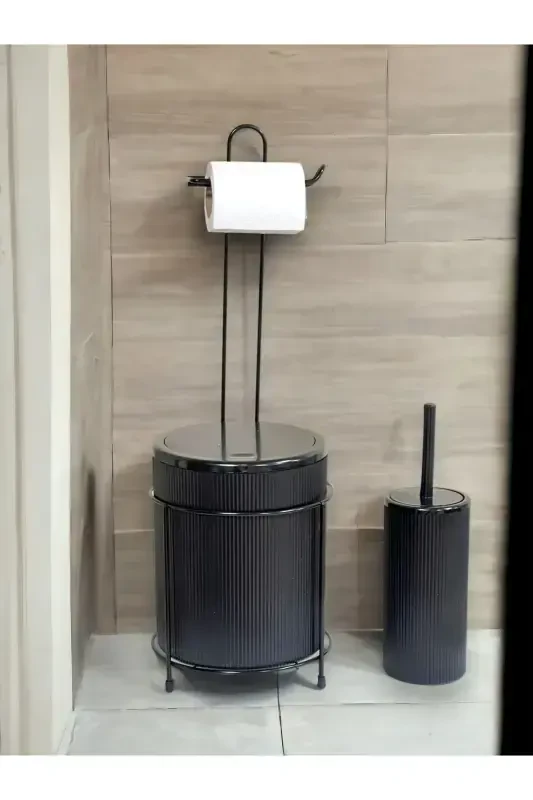 Çöp Kovalı Wc Kağıtlık Ve Tuvalet Fırça Seti-SİYAH - METALSHOP