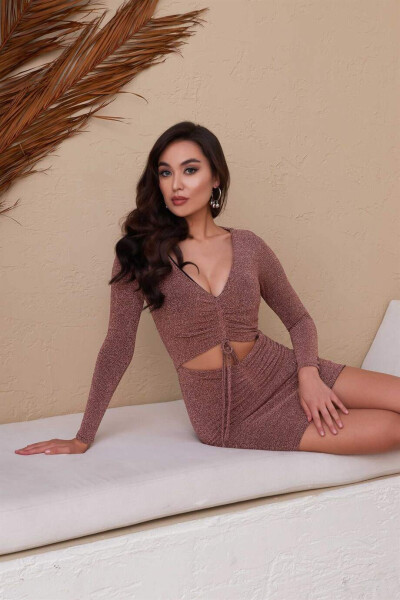 Copper Knit V-Neck Short Dress - 1