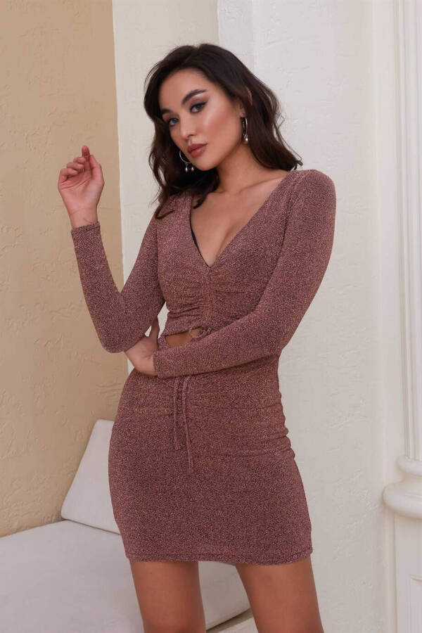 Copper Knit V-Neck Short Dress - 5