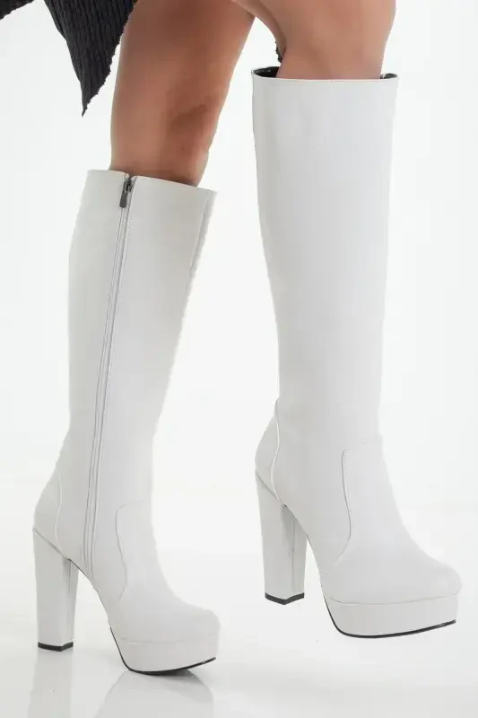 Copy - Women's Platform Knee High Boots White Leather-white leather - LİLLA