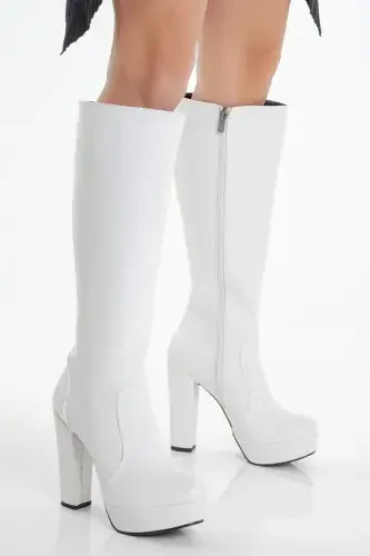 Copy - Women's Platform Knee High Boots White Leather-white leather - LİLLA (1)