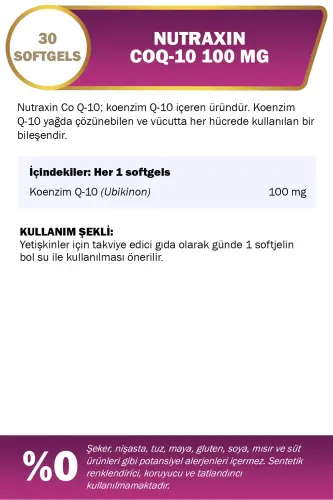 Koenzim Q10 100 Mg Takviye Edici Gıda 30 Yumuşak Kapsül - Coenzym, Coq10 - NUTRAXIN (1)