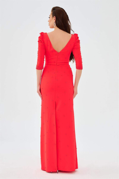 Coral Crepe Long Dress with Pearl Embellishment - 5