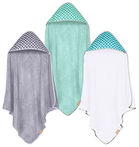 CORAL DOCK 3 Pack Baby Hooded Bath Towel Sets, Ultra Absorbent Baby Essentials Item for Newborn Boy Girl, Baby Bath Shower Towel Gifts for Infant and Toddler - Classic Neutral Plaid - 43