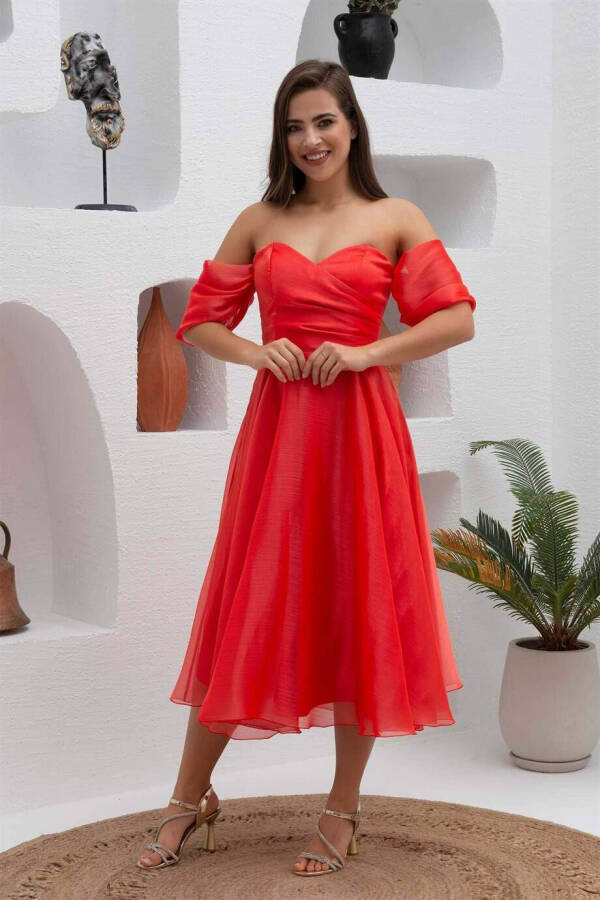 Coral Low-Sleeved Organza Engagement Dress - 1