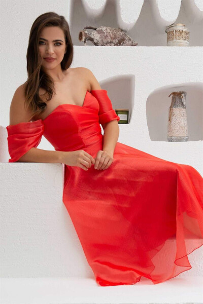 Coral Low-Sleeved Organza Engagement Dress - 2