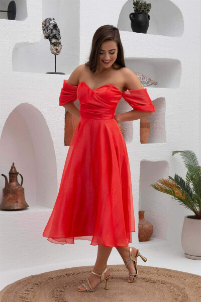 Coral Low-Sleeved Organza Engagement Dress - 3