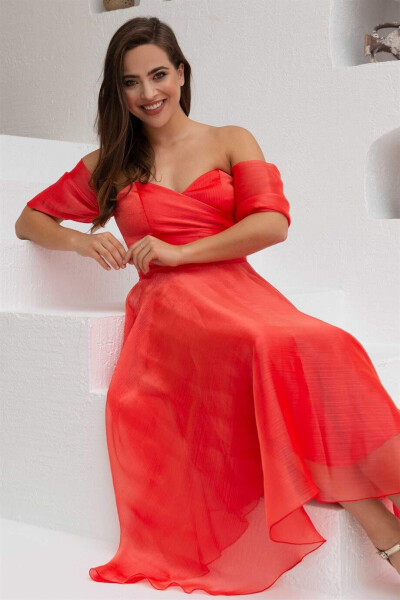 Coral Low-Sleeved Organza Engagement Dress - 4