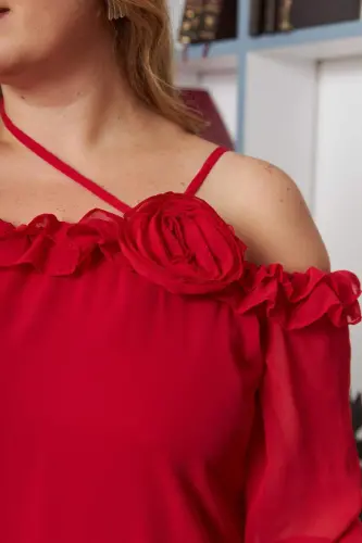 Coral Plus Size Chiffon Dress with Ruffle Detail and Collar Rose Detail - BÜYÜKBEDENIZ (1)