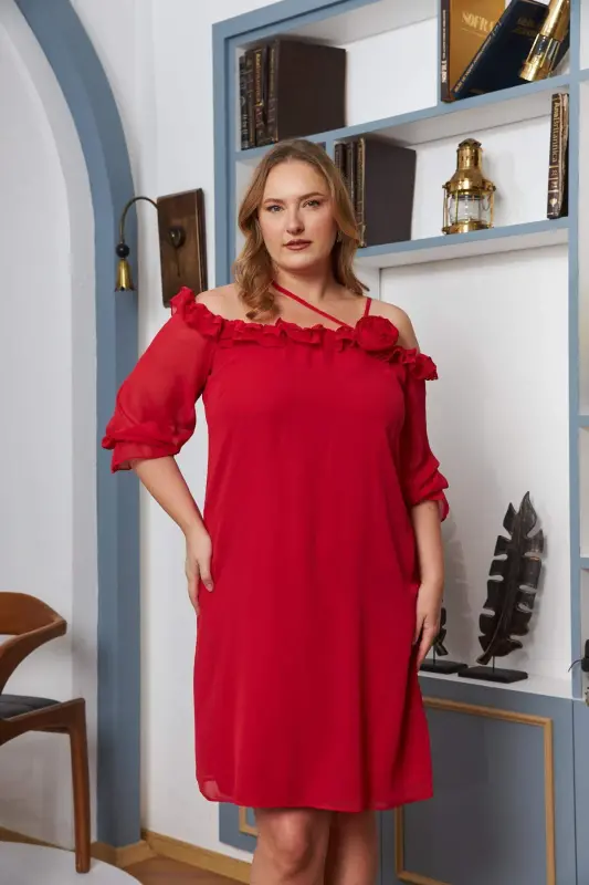 Coral Plus Size Chiffon Dress with Ruffle Detail and Collar Rose Detail - 3