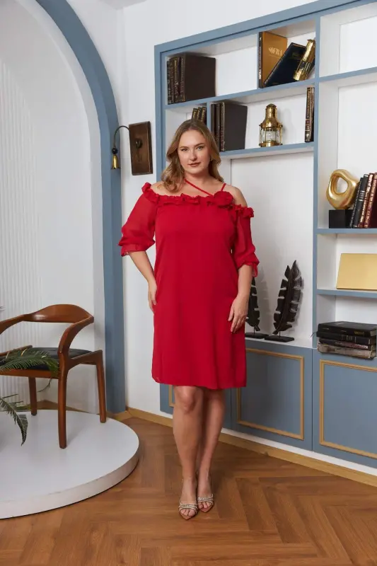 Coral Plus Size Chiffon Dress with Ruffle Detail and Collar Rose Detail - 5