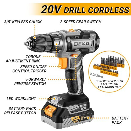 Cordless Drill Tool Kit Set: 20V Power Drill Tool Box with Battery Electric Drill Driver for Men Home Hand Repair Basic Toolbox Tools Sets Drills Case - 3