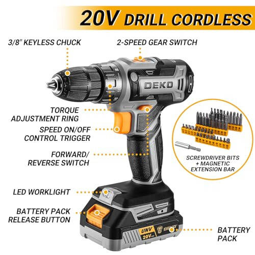 Cordless Drill Tool Kit Set: 20V Power Drill Tool Box with Battery Electric Drill Driver for Men Home Hand Repair Basic Toolbox Tools Sets Drills Case - 3