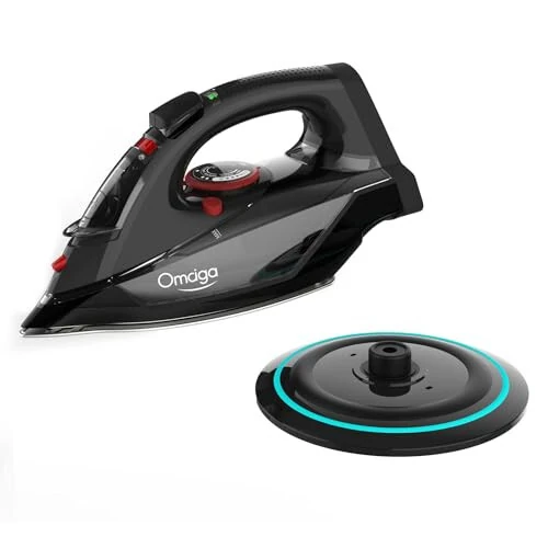 Cordless Iron, 1500W Cordless Iron with Steam - Cordless Iron for Clothes with 11.84oz Water Tank, Anti Drip Iron Cordless with Ceramic Soleplate and 3 Temperature Settings-BLACK - OMAIGA