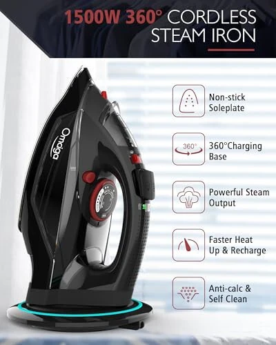 Cordless Iron, 1500W Cordless Iron with Steam - Cordless Iron for Clothes with 11.84oz Water Tank, Anti Drip Iron Cordless with Ceramic Soleplate and 3 Temperature Settings-BLACK - OMAIGA (1)
