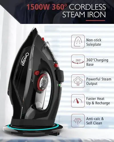 Cordless Iron, 1500W Cordless Iron with Steam - Cordless Iron for Clothes with 11.84oz Water Tank, Anti Drip Iron Cordless with Ceramic Soleplate and 3 Temperature Settings-BLACK - 2