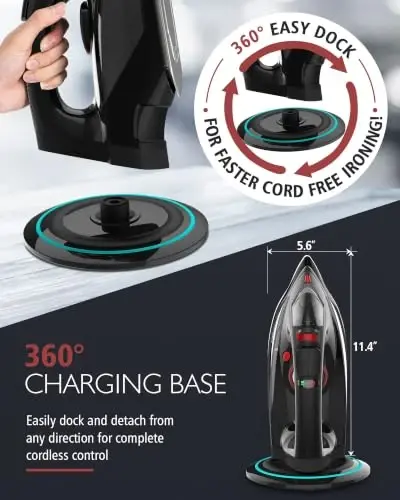 Cordless Iron, 1500W Cordless Iron with Steam - Cordless Iron for Clothes with 11.84oz Water Tank, Anti Drip Iron Cordless with Ceramic Soleplate and 3 Temperature Settings-BLACK - OMAIGA (1)
