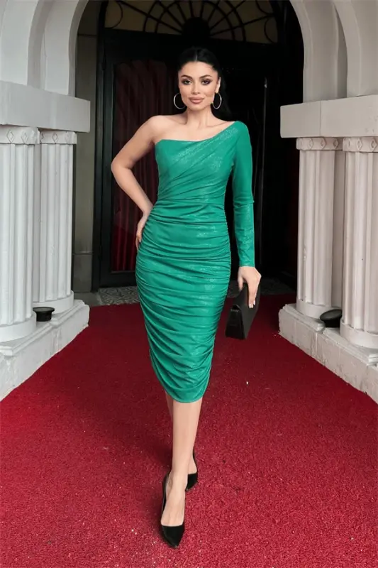Corduroy Jersey Fabric Ruched Pencil Dress - GREEN - 1