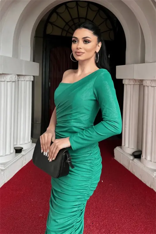 Corduroy Jersey Fabric Ruched Pencil Dress - GREEN - 3