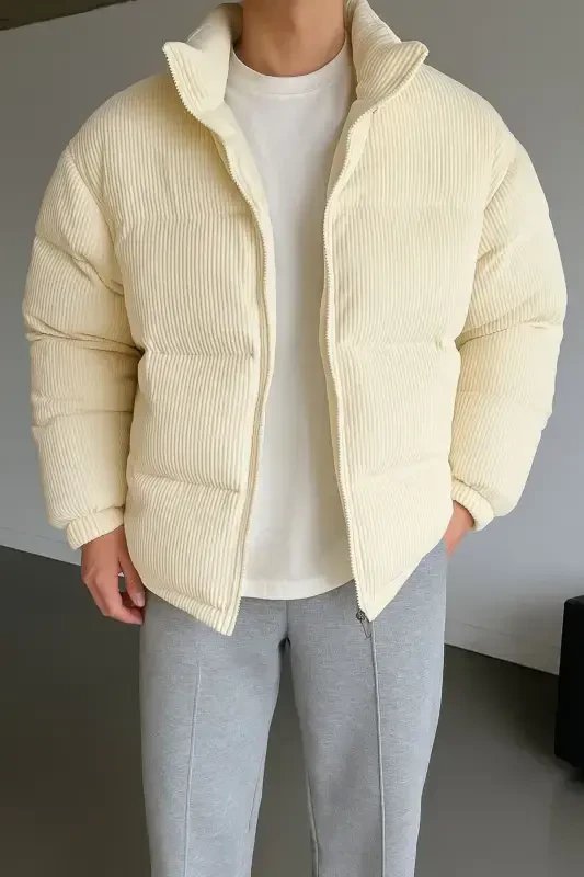 Corduroy Padded Jacket-CREAM - 1
