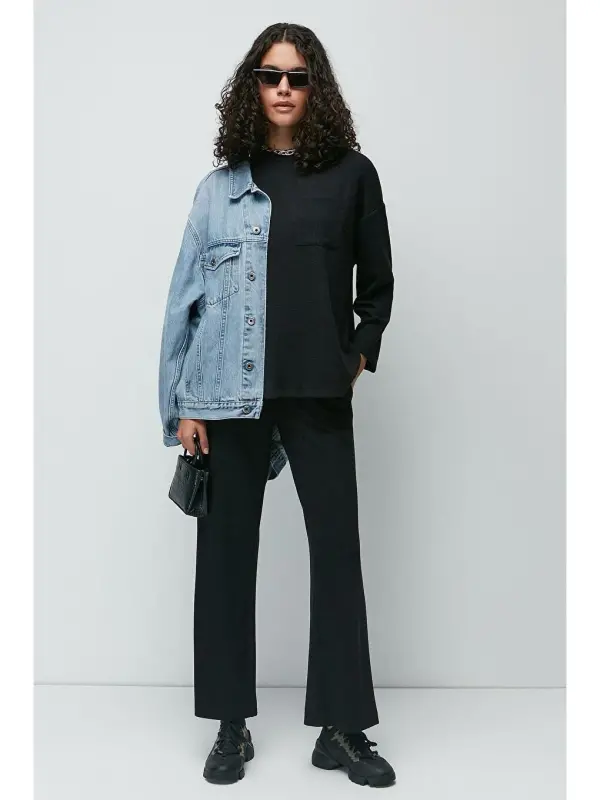 Corduroy Pocketed T-Shirt Flared Pants Set 9132 Black-Black - LC WAIKIKI