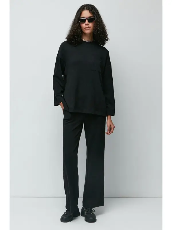 Corduroy Pocketed T-Shirt Flared Pants Set 9132 Black-Black - 2